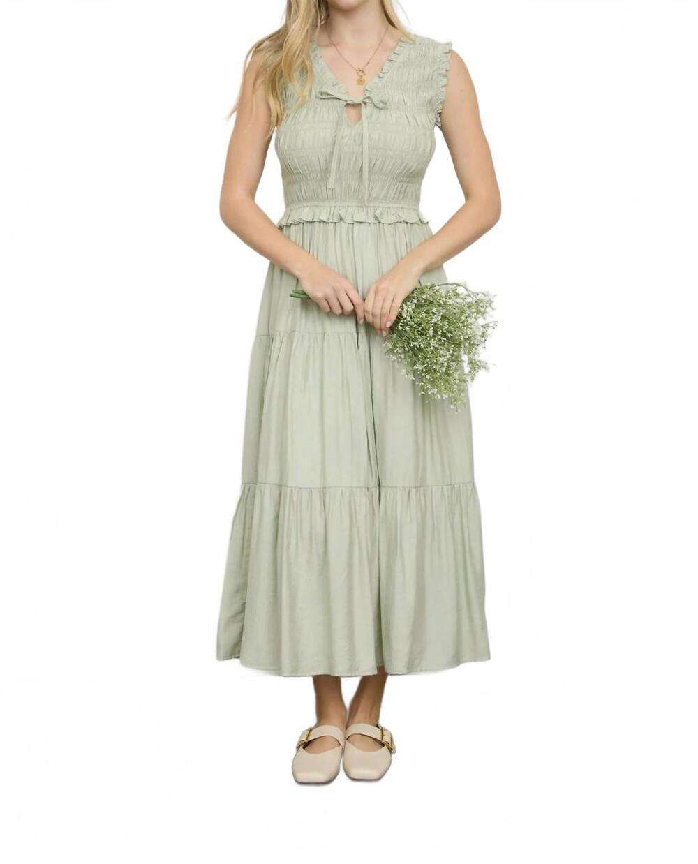 NEW BLU PEPPER smocked front tie ruffle detail tiered midi dress in dusty mint